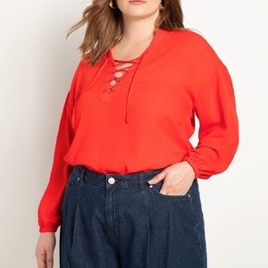 {Eloquii} Lace-Up Long Sleeve Blouse in Red - Women's 14 - NWT